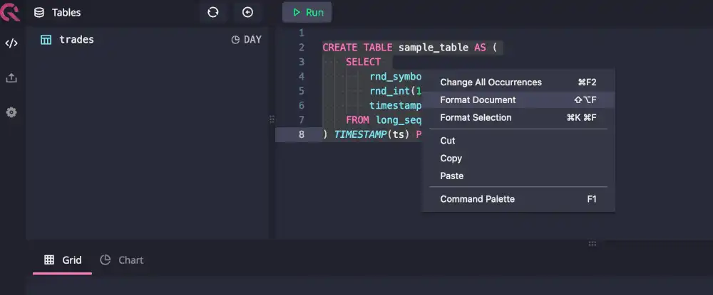 QuestDB 6.3 Web Console SQL autoformatting example